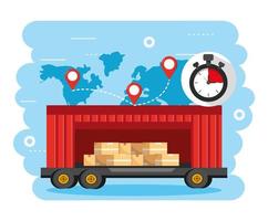 containers with boxes cargo and global map location vector