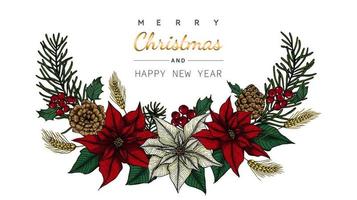 Merry Christmas and New Year flower and leaf border drawing vector
