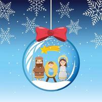 snowflakes mary and joseph with jesus inside crystal ball vector