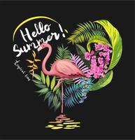 tropical flowers with flamingo illustration vector