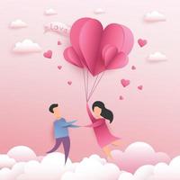 Tarjeta del día de San Valentín con pareja cogidos de la mano corriendo en las nubes con globos aerostáticos vector