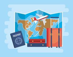 global map with airplane and travel baggage vector
