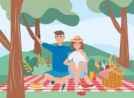man and woman in the tablecloth with hamper and food vector