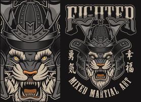 Vector illustration with tiger in a samurai helmet