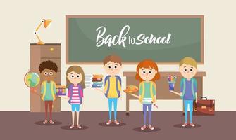 girls and boys students with education supplies vector