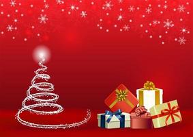 Christmas red vector background with gifts and tree