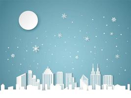 Navidad y feliz año nuevo fondo azul con paisaje urbano y copo de nieve vector