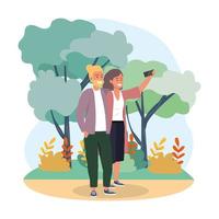 woman and man couple with smartphone and plants vector