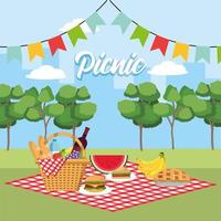 basket with healthy fruits in the tablecloth and party flags vector