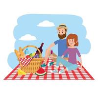 nature woman and man couple with basket in the tablecloth vector