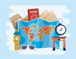 global map locations with passport and chronometer to destination vector