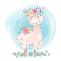 Cartoon llama in a wreath and with bouquets of flowers