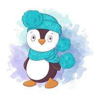 Niño de pingüino de dibujos animados lindo en un sombrero y bufanda vector
