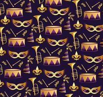 Mardi grass masks with trumpet and drum background vector