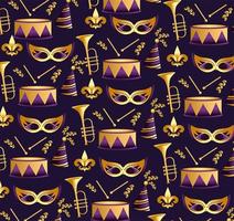 Mardi grass masks with trumpet and drum background vector