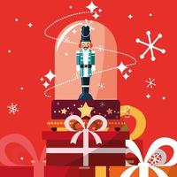 nutcracker soldier in crystal sphere with gift boxes presents