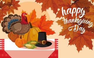 turkey with pumpkins and hat pilgrim on table vector