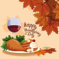 turkey dinner with cup of wine and cakes vector