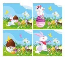 cards with rabbits and eggs of easter in garden vector