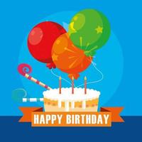 happy birthday card with sweet cake and balloons vector