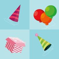 party hats with balloons and gift box vector