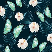 butterfly with tropical flowers and leaves background vector