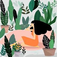 Mujer sentada en el jardín vector