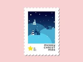 House on the hill in blue tone - Christmas stamp flat design vector