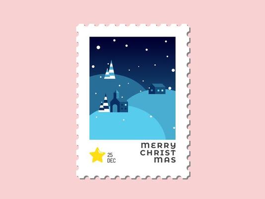 House on the hill in blue tone - Christmas stamp flat design