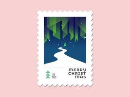 Aurora light with christmas tree and road - Christmas stamp flat design vector
