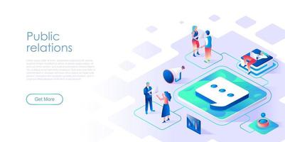 Public relations isometric landing page vector template