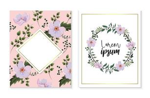 Conjunto de tarjeta y etiqueta de diamante con hojas de flores y ramas vector