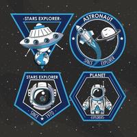 Conjunto de emblemas de parches de explorador espacial con astronautas y naves espaciales vector