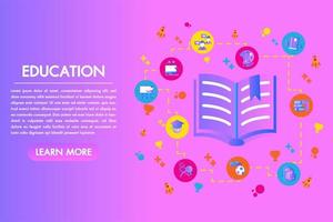 Education flat colorful landing page open book with set elements vector