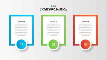 Cuadro de información de tres pasos rectangulares con iconos vector