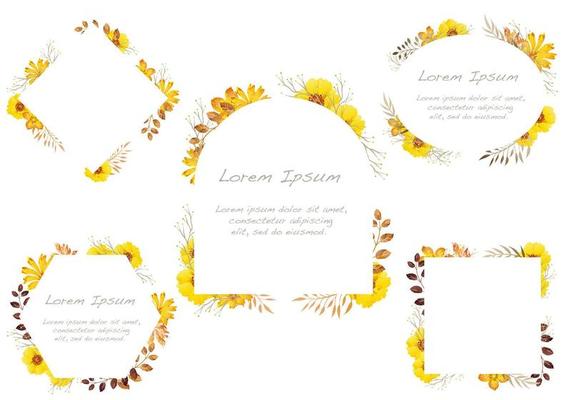 Set of yellow watercolor floral frames isolated on a white background.