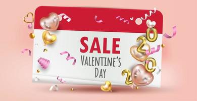 Etiqueta de venta de feliz día de San Valentín con globos y confeti vector