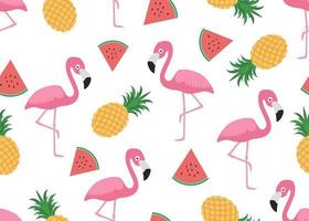 Seamless pattern of flamingo with slice watermelon and pineapple on white vector