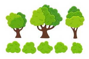 Flat cartoon tree and bush set vector