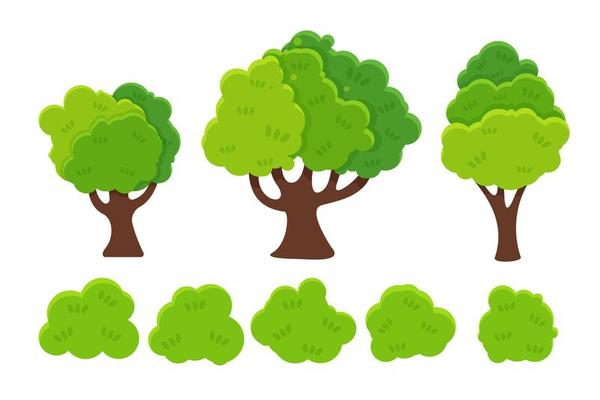 Flat cartoon tree and bush set