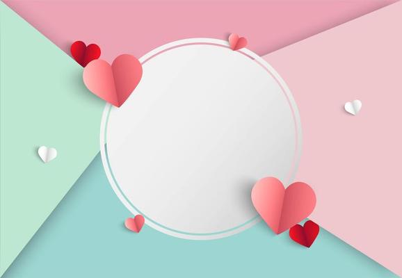 Valentines background with colorful sections, hearts and blank white circle frame
