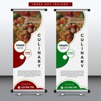 restaurant roll up banner design with green and red circular design vector