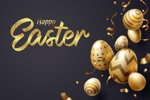 Falling Golden Easter egg and Happy Easter text on Dark Background vector