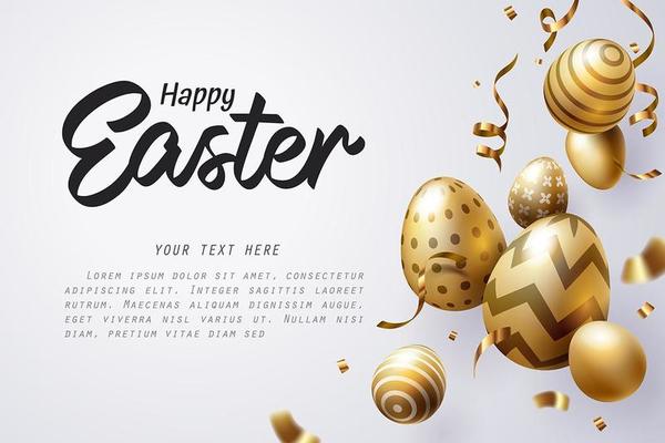 Falling Golden Easter egg and Happy Easter text on light background