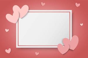 Fondo del día de San Valentín con corazones de color rosa y marco de rectángulo blanco en blanco vector