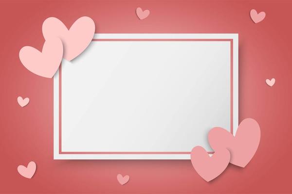 Valentines day background with pink hearts and blank white rectangle frame