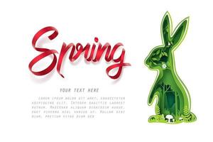 Paper carve green forest in bunny shape and Spring calligraphy vector