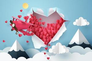 Paper plane flying through a heart hole and ripped to the sky vector