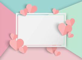 Fondo de San Valentín con secciones coloridas, corazones y marco de rectángulo blanco en blanco vector