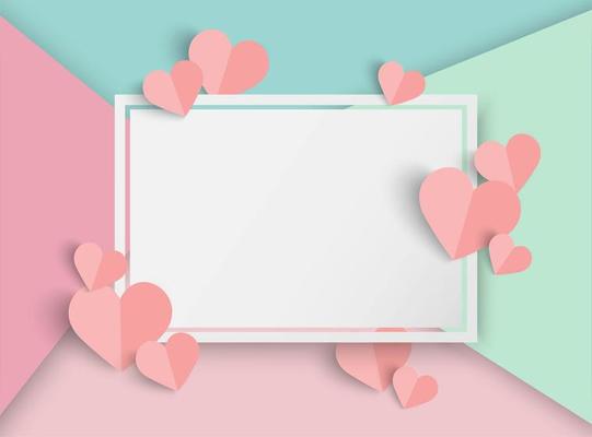 Valentines background with colorful sections, hearts and blank white rectangle frame